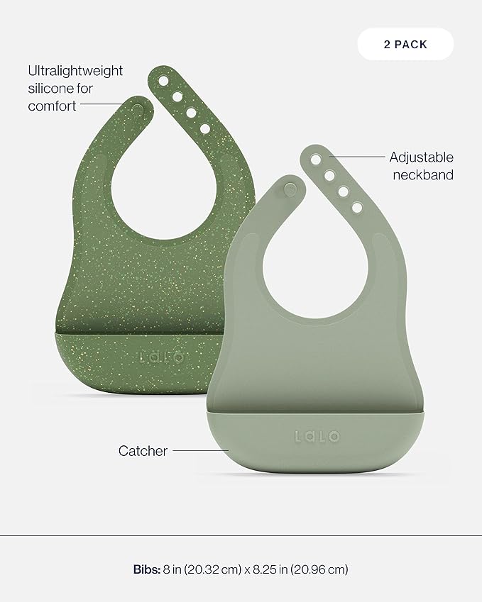 Lalo First Bites Silicone Baby Feeding Set - Baby Led Weaning Supplies - Non-Toxic Silicone - Includes 2 Bibs, 2 Spoons, Training Cup, Suction Plate and Bowl - 6 Pieces - Sage