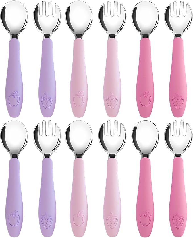 CHILLOUT LIFE Toddler Utensils, Kids Silverware with Silicone Handle, Stainless Steel Metal Toddler Forks and Spoons Safe Baby Cutlery Set for Self Feeding BPA Free Dishwasher Safe - 12 Piece