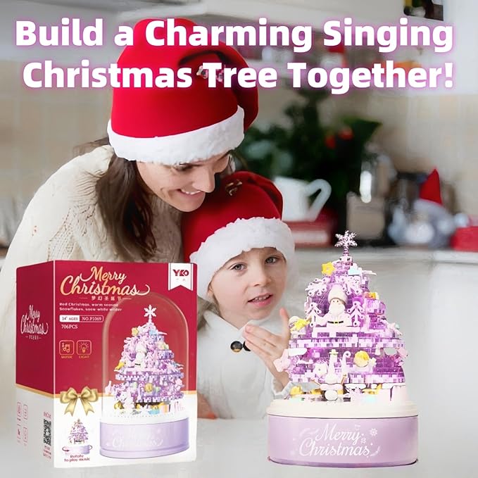 Christmas Tree Building Blocks Set for Kids - 2024 Rotating Christmas Tree Music Box with Glass Cover Xmas Holiday Construction Toy Gift for Boys and Girls (706PCS)