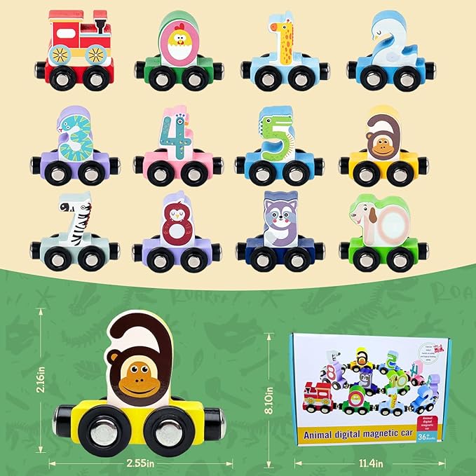 Toddlers Toy for 1 2 3 Years Old Boys Girls, 12 Magnetic Wooden Animal Digital Train Set with Storage Bag，Montessori Toys for 2-3 Years Old Toddlers, Christmas Birthday Easter Gift for Baby Toddlers