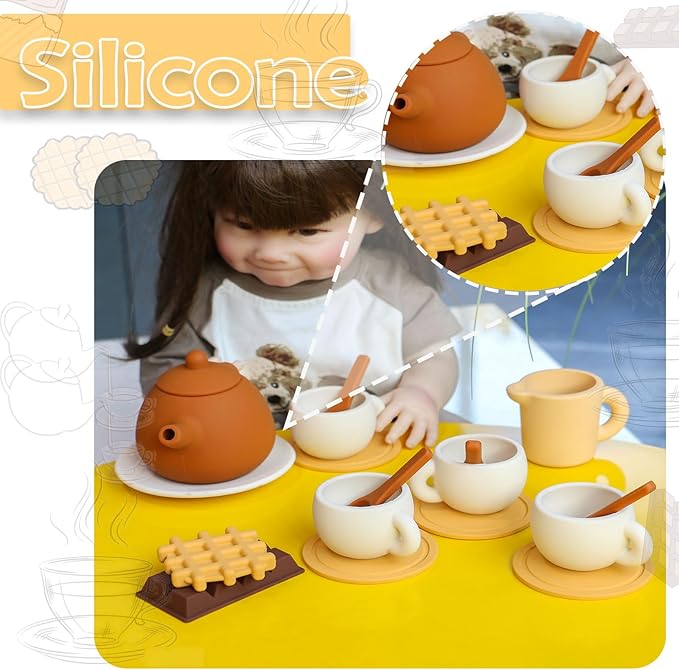 Silicone Tea Party Set, Silicone Tea Set for Kids with Play Food(Chocolate and Waffles), Pretend Play Kitchen Accessories(Brown)