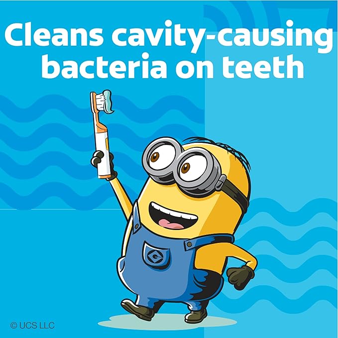 Colgate Kids Battery Powered Toothbrush, Kids Battery Toothbrush with Included AA Battery, Extra Soft Bristles, Flat-Laying Handle to Prevent Rolling, Minion Toothbrush, 1 Pack