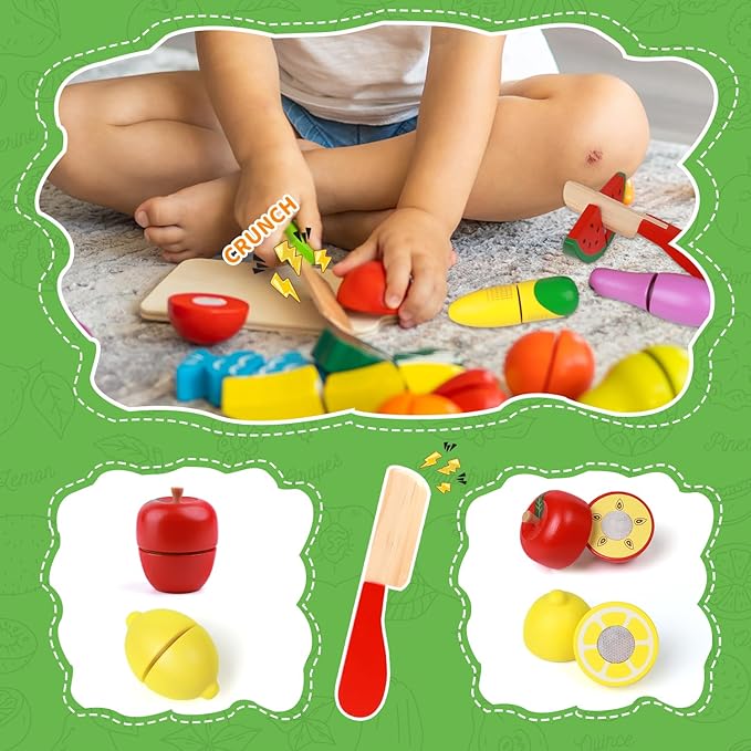 MerryPony 30 Pcs Wooden Play Food Sets for Kids Kitchen Accessories, Velcro Fruit and Veggies for Toddlers, Velcro Fruit Cutting Toys for Kids, Color Sorting Play Food Set, Play Food for Toddlers 1-3