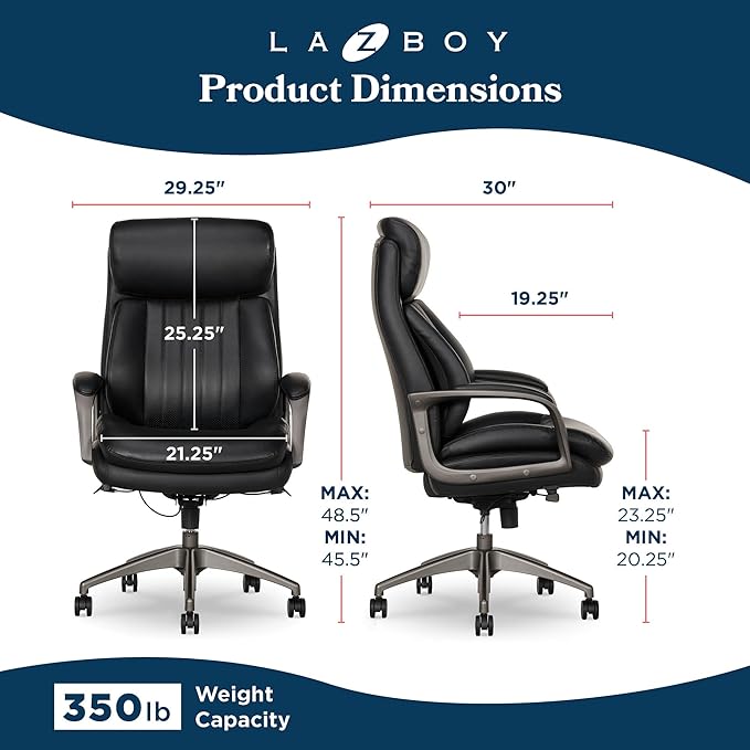 La-Z-Boy Nova Vegan Leather Modern Executive Ergonomic Design Office Chair, Memory Foam Thick Contoured Seat Back with Patented Lumbar Support Technology, Soft to Medium Sit Comfort, Black
