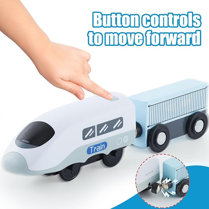 Electric Train Set Toys Wooden Magnetic Cars - Locomotive Auto Forward/Park, Gift for 3 4 5 6 Year Old Toddlers Kids Boys Truck Trains Toy, Compatible with Common Wooden Train Tracks