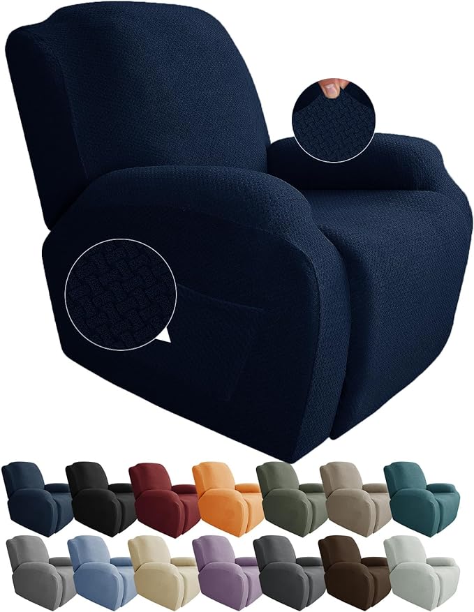 JIVINER 4-Piece Recliner Chair Covers Stretch Jacquard Covers for Recliner Chair Recliner Slipcovers for Living Room Soft Recliner Protector with Pocket (Recliner, Navy Blue)