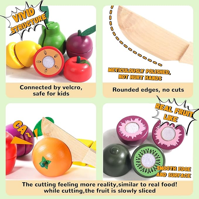 Fajiabao Wooden Play Food Set for Kids Kitchen Montessori Toddlers Toys 1-3 Pretend Cutting Fruit Educational Birthday Gifts for Girls Boys 2 3 4 Year Old