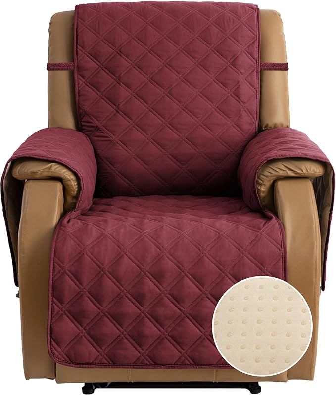 TOMORO Non-Slip Quilted Recliner Cover, 100% Waterproof Recliner Chair Slipcover Furniture Protector with Pockets, Washable Couch Cover with Elastic Straps for Kids and Pets，23 Inch