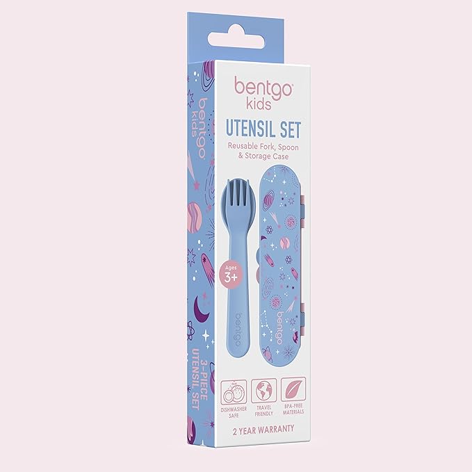 Bentgo Kids Utensil Set - Reusable Plastic Fork, Spoon & Storage Case - BPA-Free Materials, Easy-Grip Handles, Dishwasher Safe - Ideal for School Lunch, Travel, & Outdoors (Lavender Galaxy)