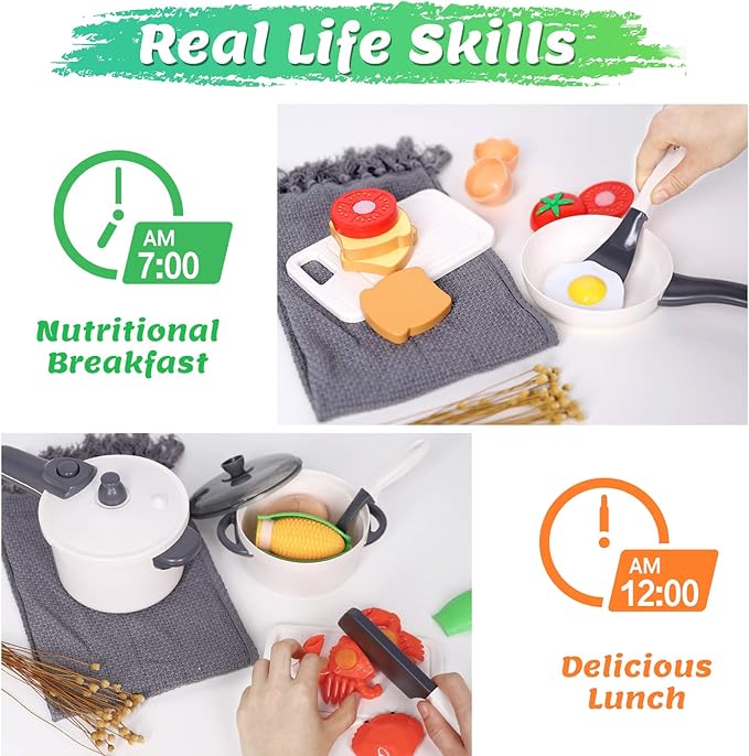 iPlay, iLearn Kids Kitchen Toy Accessories, Toddler Cooking Playset, Pretend Pots Pans Set, Girls Cookware Appliance, Child Cutting Food Utensils, Valentine's Easter Gift for 3 4 5 Years Old Boy-White
