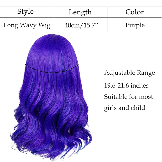 Probeauty Purple Wavy Wig for Girls Kids, Long Curly Costume Wig for Child Halloween Cosplay Birthday Party