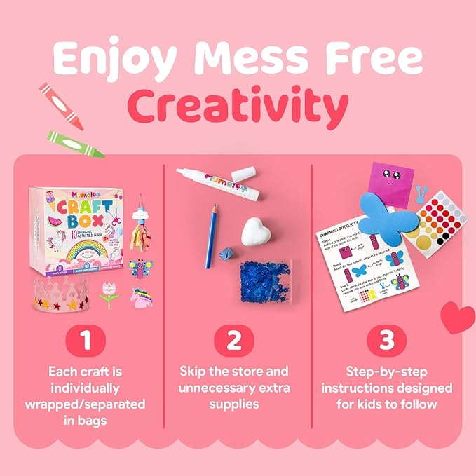 Unicorn Craft Box - 10 Fun Arts and Crafts for Kids Ages 4-8, No Mess, Educational, Mermaid Art Projects, Toddler Crafts & Activities Kit with Supplies, Gift for Girls 3 4 5 6 7 8 Years Old