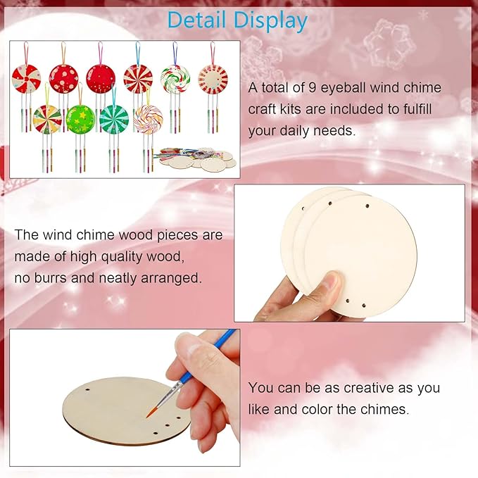 Fennoral 9 Pack Christmas Wind Chime Kit for Kids Make You Own Christmas Candy Wind Chimes DIY Paint Wooden Art and Craft for Girls Boys Christmas Craft Supplies Christmas Tree Decorations