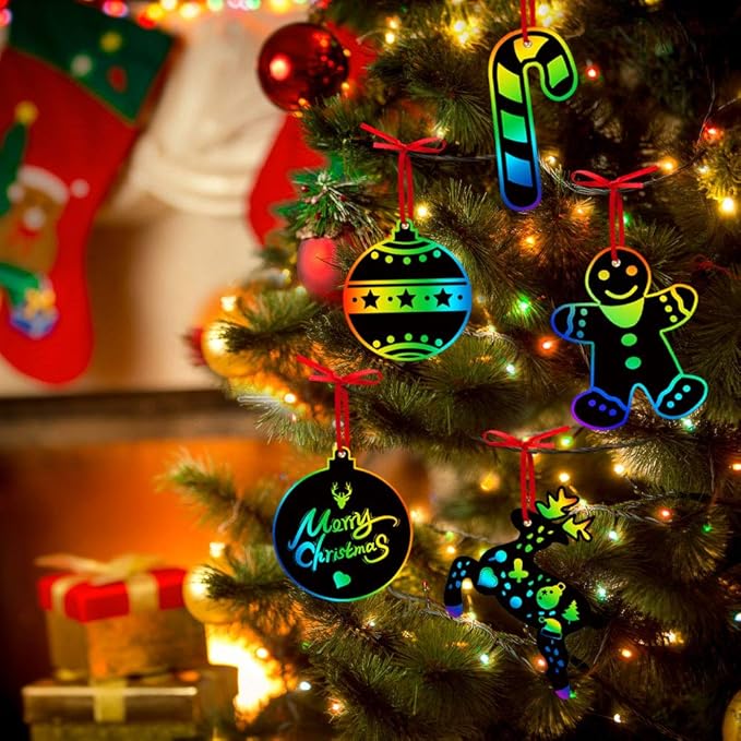 ORIENTAL CHERRY Christmas Scratch Crafts Arts, 48 DIY Rainbow Scratch Art Bulk Cards, Rainbow Scratch Paper Supplies Toys for 3-12Years Old Kids Favord Gift for Christmas Party Games Projects Kits