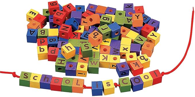 Wonderful Wood Alphabet Lacing Beads, Upper and Lowercase Sides - 104 Pieces and 2 Laces - Classroom Teacher Supplies