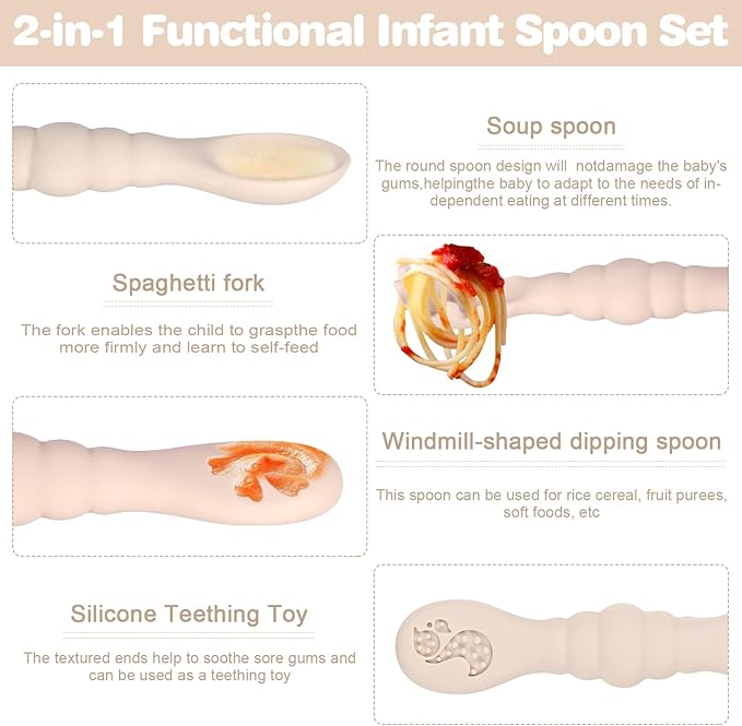 Silicone Baby Spoons Self Feeding 6+ Months 3PCS Toddler Forks and Spoons Utensils Baby Led Weaning Teething Spoon Infant Spoons First Stage Newborn Baby Essentials Baby Gifts Beige