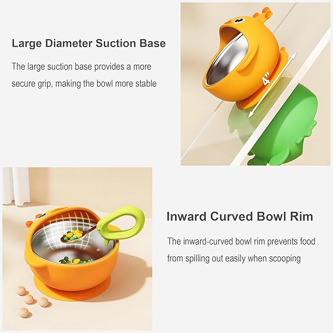 Suction Bowls Set for Baby Feeding，Yellow Duck Silicone Suction Baby Bowl and Food-Grade 304 Stainless Steel Bowl with Fork and Spoon,Dishwasher Safe