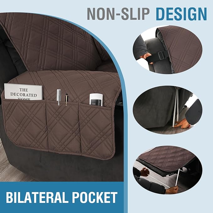 H.VERSAILTEX 100% Waterproof Reclining Couch Covers 1-Piece Reversible Recliner Chair Covers Furniture Protector with Elastic Straps for Pets Kids Sitting Width Up to 23" (Recliner, Brown/Beige)