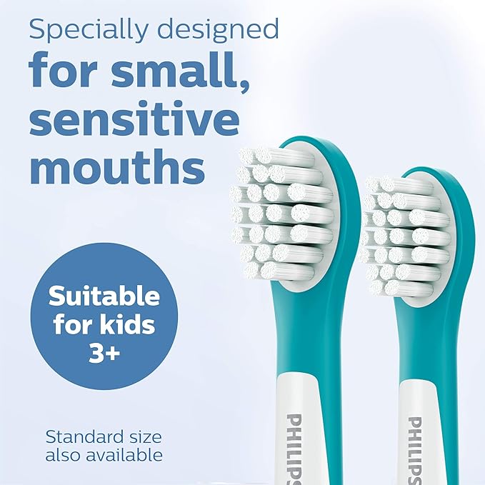 Philips Sonicare for Kids 3+ Genuine Replacement Toothbrush Heads, 2 Brush Heads, Turquoise and White, Compact, HX6032/94