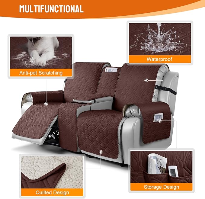 VANSOFY Loveseat Recliner Cover with Console 100% Waterproof Sofa Slipcovers Non-Slip Reclining Couch Cover Split Sofa Covers Furniture Protector for Pets, Dogs(Coffee)