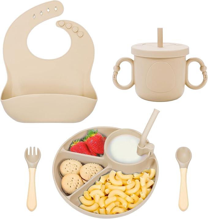 Silicone Baby Feeding Set, Baby Led Weaning Supplies, Silicone Suction Plate, Bowl, Spoons, Fork, Waterproof Bib, Cup and Food Tableware, Eating Utensils Baby Feeding Essentials for 3+ Months