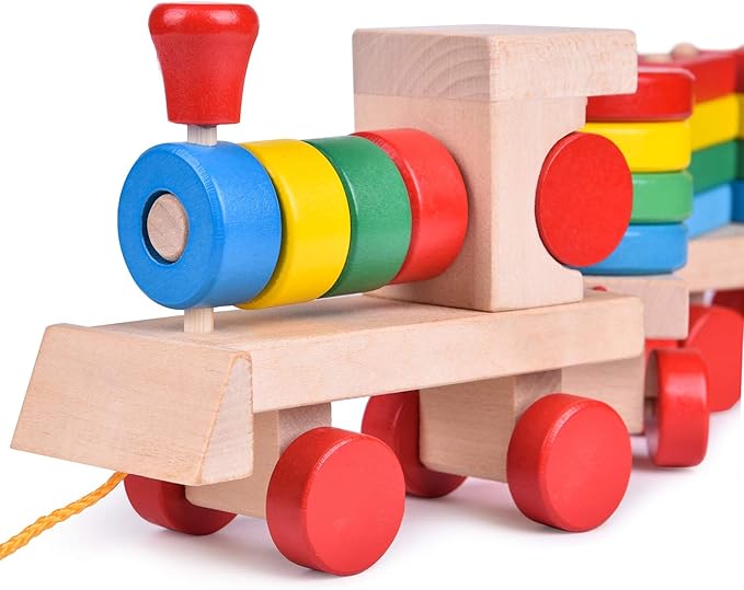 FUN LITTLE TOYS Stacking Train, Shape Sorter Wooden Toys(23 pcs), Sorting & Stacking Toys for Toddler 3, Montessori Toys for 3 Year Old Boy Girl Gifts, Kids Wooden Train Toy