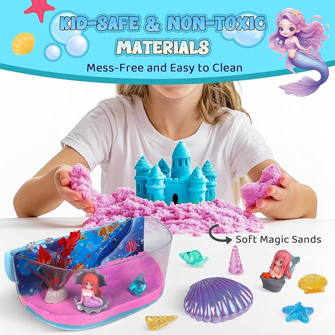 Mermaid Terrarium Kit Gifts for Kids - DIY Night Light Up with Remote - Sand Arts and Crafts for Girls Ages 4 5 6 7 8-12 + Year Old Fun Easter Mermaid Birthday Decorations Toys