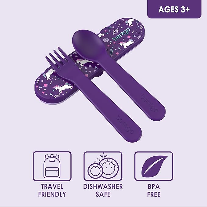 Bentgo Kids Utensil Set - Reusable Plastic Fork, Spoon & Storage Case - BPA-Free Materials, Easy-Grip Handles, Dishwasher Safe - Ideal for School Lunch, Travel, & Outdoors (Unicorn)