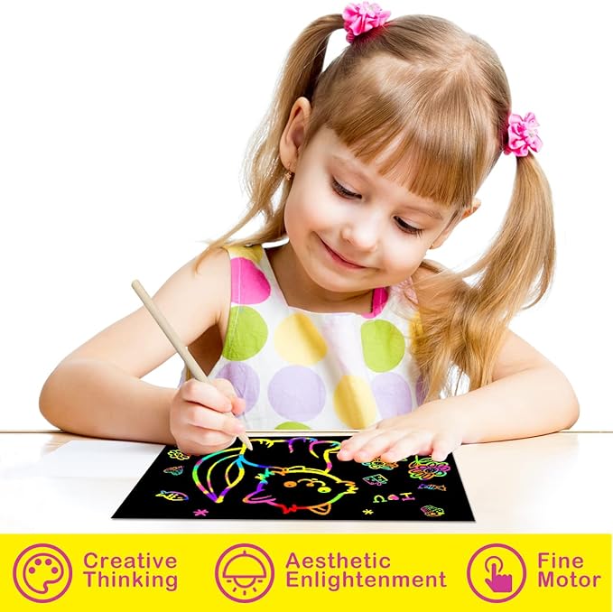 Scratch Paper Art Gifts: Rainbow Scratch Off Art-Craft Supplies Kits Pad for 3 4 5 6 7 8 Year Old Boys Girls Toys for Birthday Christmas Halloween Thanksgiving Party Favors Fun Games