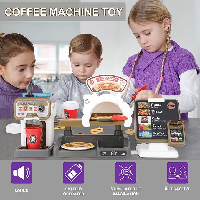 deAO Pretend Play Store Coffee Playset Kids Coffee Maker Play Set Pizzas Shop with Cash Register 30pcs STEM Toy for Kids Pre-School Pretend Toy for Toddlers Boys & Girls Age 3+