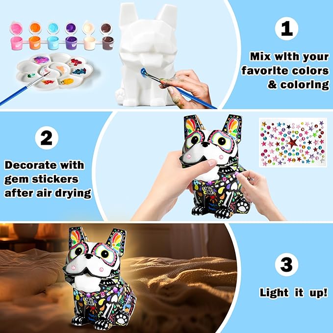 FUNZBO Paint Your Own Dog French Bulldog Lamp Kit - Arts and Crafts Supplies Puppy Painting Kits for Kids Teens Adults, DIY Night Light Toys for Toddlers Girls Boys Birthday Easter Holiday Gifts