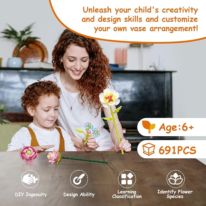 Flowers Bouquet Building Set with Vase, 8 Kinds Artificial Flowers Bouquet Set for Adults, Women, Girls, Idea Gifts for Mother's Day, Birthdays, DIY Unique Decoration for Home Room, 691PCS