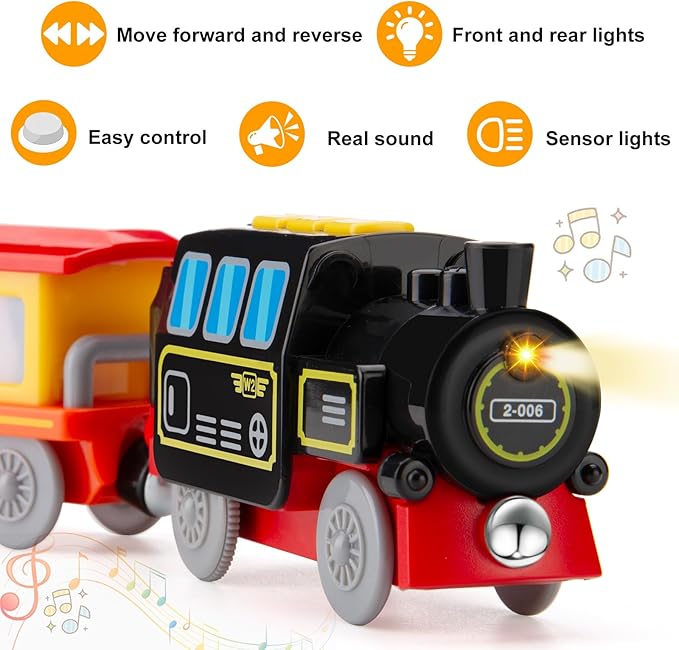 Battery Operated Locomotive Train Set for Wooden Train Tracks, Electric Train Toys for Toddlers Magnetic Connection, Powerful Engine Bullet Train Set Compatible with Thomas, Brio, Melissa and Doug 3Y+