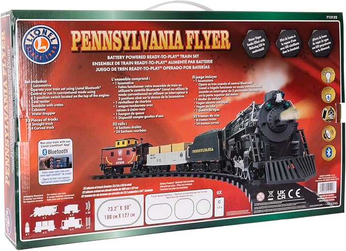 Lionel Battery-Operated Pennsylvania Flyer Freight Toy Train Set with Bluetooth, Locomotive, Train Cars, & Track with Authentic Train Sounds, Lights, & Water Vapor Smoke Effects for Kids 4+