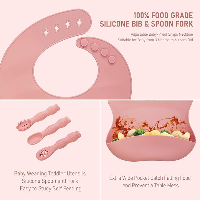 Baby Weaning Set, Silicone Baby Feeding Set(10 Pcs), Toddler Weaning Set with Adjustable Bib, Suction Bowl, Plate, Fork, Spoon, Water & Snack Cup Kit, Baby Led Weaning Kit for Babies and Kids