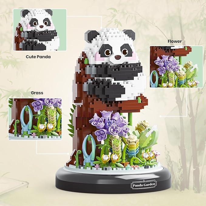 Panda Flower Bouquet Building Set for Adults, Animals Flowers Plants Decor with Dust Cover, Birthday Gift Building Toy for Boys Girls, 1083 PCS Mini Building Blocks, Not Compatible with Lego