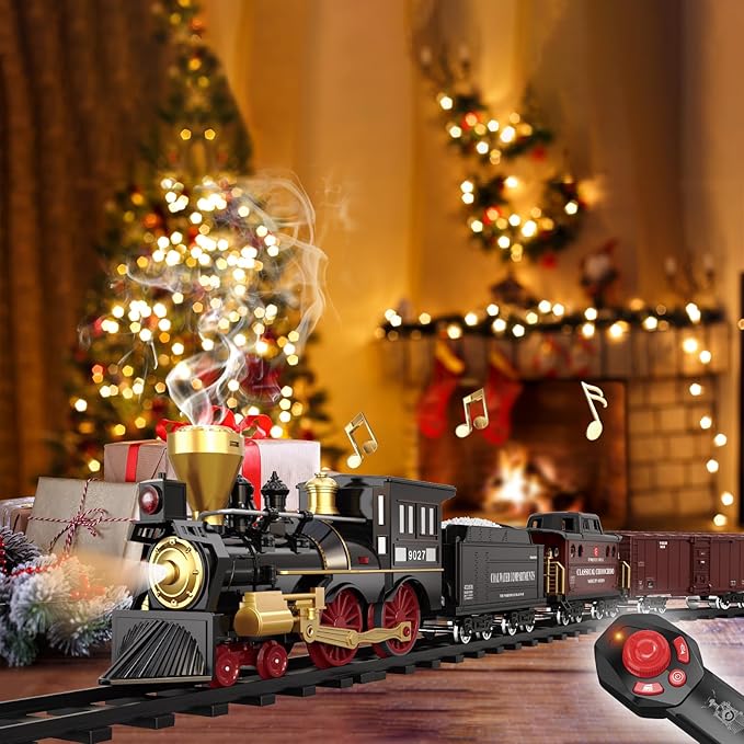 Remote Control Train Set for Kids Electric Steam Engine Locomotive, Cargo Car & Tracks,Trains w/Realistic Smoke,Sounds & Lights,Rechargeable Birthday Gifts for 3 4 5 6 7+ Years Old Boys Girls … …