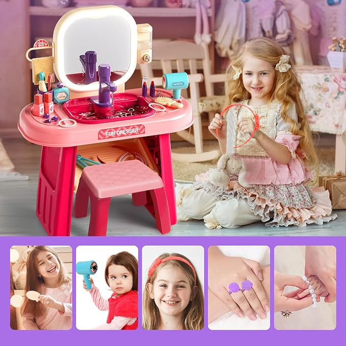 Pretend Play Girls Makeup Table Set with Stool,Kids Vanity Set with LED Lighted Mirror and Music，Toddler Beauty Salon Set with Makeup Accessories & Washbasin,Girls Vanity for Toddlers 3-5 Years Old