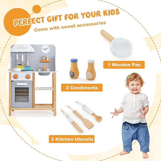 Kids Kitchen Playset, Wooden Play Kitchen with Sink, Stove, Oven, Dish Rack, Storage Cabinet, Cooking Accessories, Little Chef Pretend Play Toy Kitchen Set Gift for Toddler, Boys, Girls