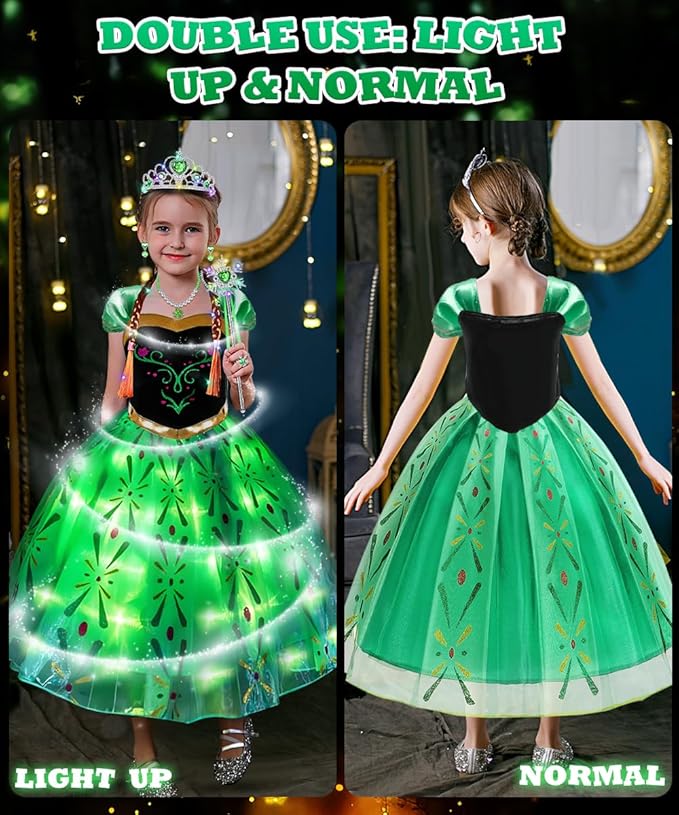 TOLOYE Princess Dresses for Girls, Light Up Elsa Anna Frozen Dress Up with Accessories for Birthday Halloween Carnival