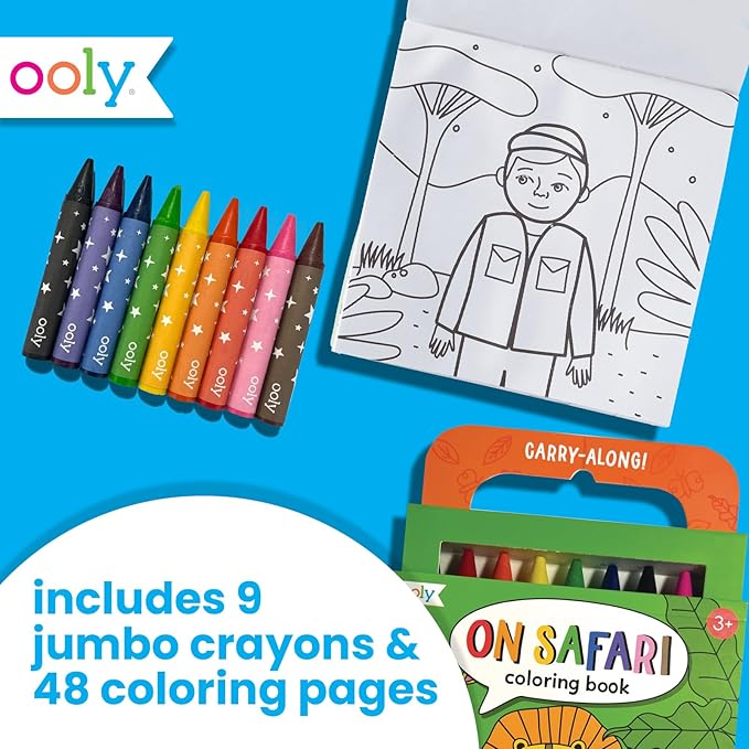 Ooly Travel Art Kit with 9 Jumbo Crayons & 48 Themed Coloring Pages & Case for Easy Traveling Art Creation, Perfect Airplane Travel Set to Entertain Kids - Safari