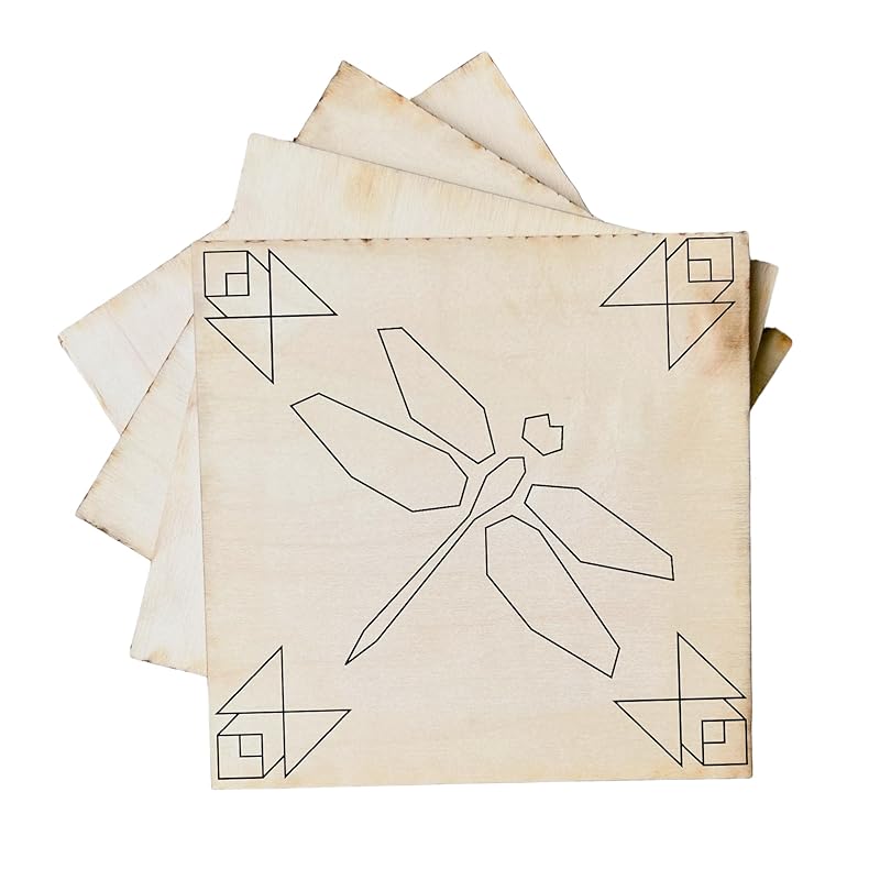 Set of 4 Mini Quilt Block Pattern, Wood Barn Star DIY Kits for Adults, Tiny Wall Hanging Do It Yourself Painting Craft Kit (Dragonfly)