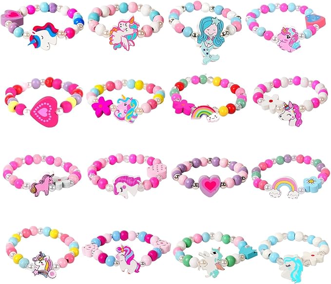 Wooden Bracelets for Girls Party favors Dress up Unicorn Mermaid Rainbow Heart Pendant Cute Friendship Stretchy Costume Jewelry Set Gift Play Party Favors (Unicorn)
