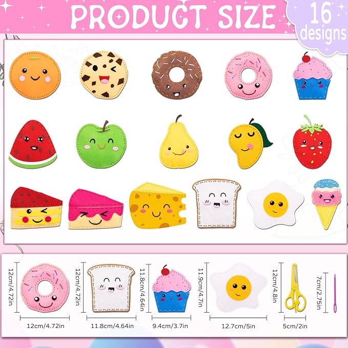 ZOIIWA 16 Sets Food Themed Sewing Kit for Kids Valentine's Day Fun Craft for Boy Girl Felt Plush Craft Kit Sewing Kit Learn to Sew Kit Educational Beginners Sewing Stuffed Ornament for Classroom Gift