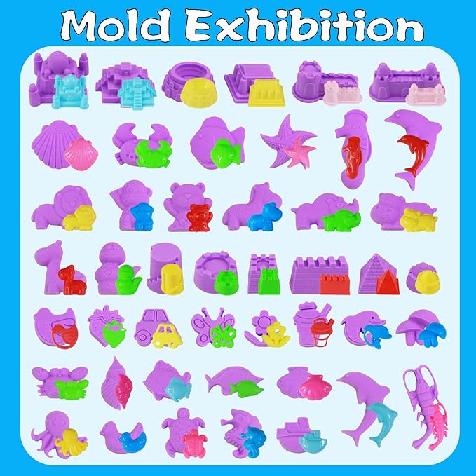 Play Sand Kit, 54Pcs Sandbox Toys Set for Boys Girls, 3lbs Magic Purple Sand, Mold Tools, Inflatable Tray, Storage Box, Funny Birthday Christmas Gift