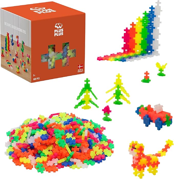 PLUS PLUS - Open Play Set - 600 Piece - Neon Color Mix, Construction Building Stem Toy, Interlocking Mini Puzzle Blocks for Kids