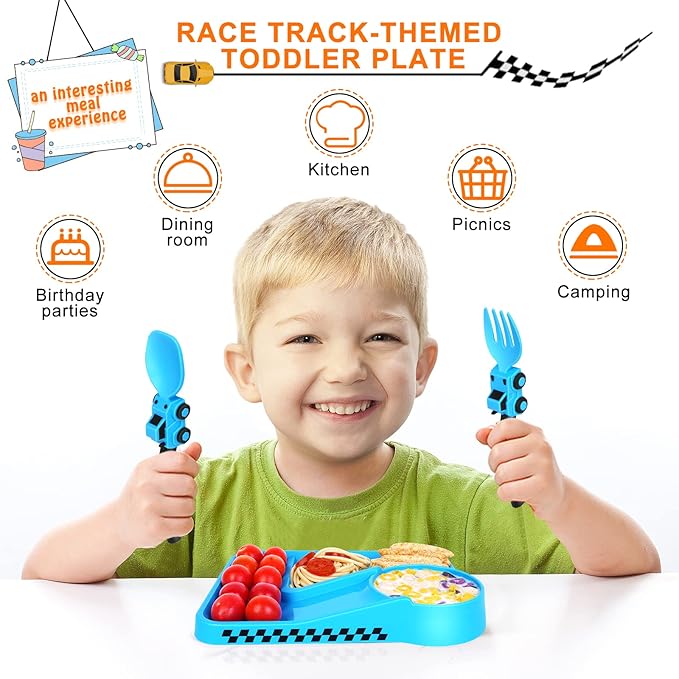 Construction Toddler Plates - Toddler Eating Utensil Set with Removable Straw - Toddler Utensils Set - Baby Plates Feeding Set - for Stocking Stuffers and Birthday Gifts - Blue