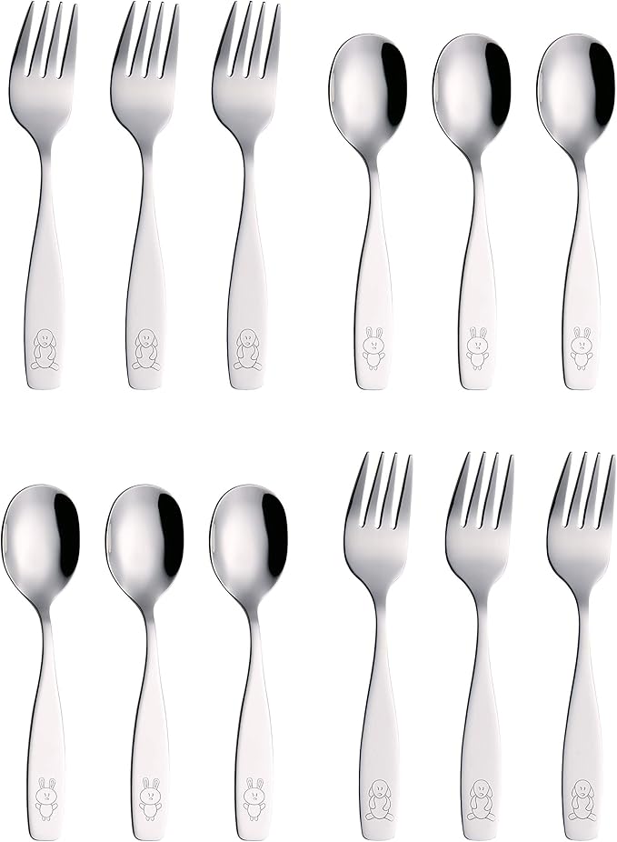 ANNOVA Children's Flatware Set - Stainless Steel Cutlery/Silverware - Safe Kids Toddler Utensils Lunch Box (Engraved Dog Cat Bunny) (Stainless Steel, 12 Forks & Spoon)