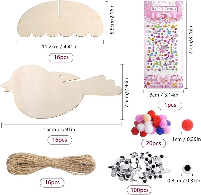 RONIAVL 16pcs 3D Bird Wind Chime Craft Kit for Kids with Paint Make Your Own Bird Wooden Crafts Summer Craft for Kids for Birthday Party Favors Outdoor Garden Patio DIY Arts and Crafts