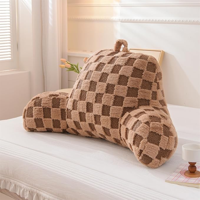 Aimuan Checkered Reading Pillow Bed Rest Wedge Backrest Checkerboard Pillow with Arms Back Support for Sitting Up in Bed Cushion Incline Rest Sleeping Snoring Pillow (Khaki,Standard)